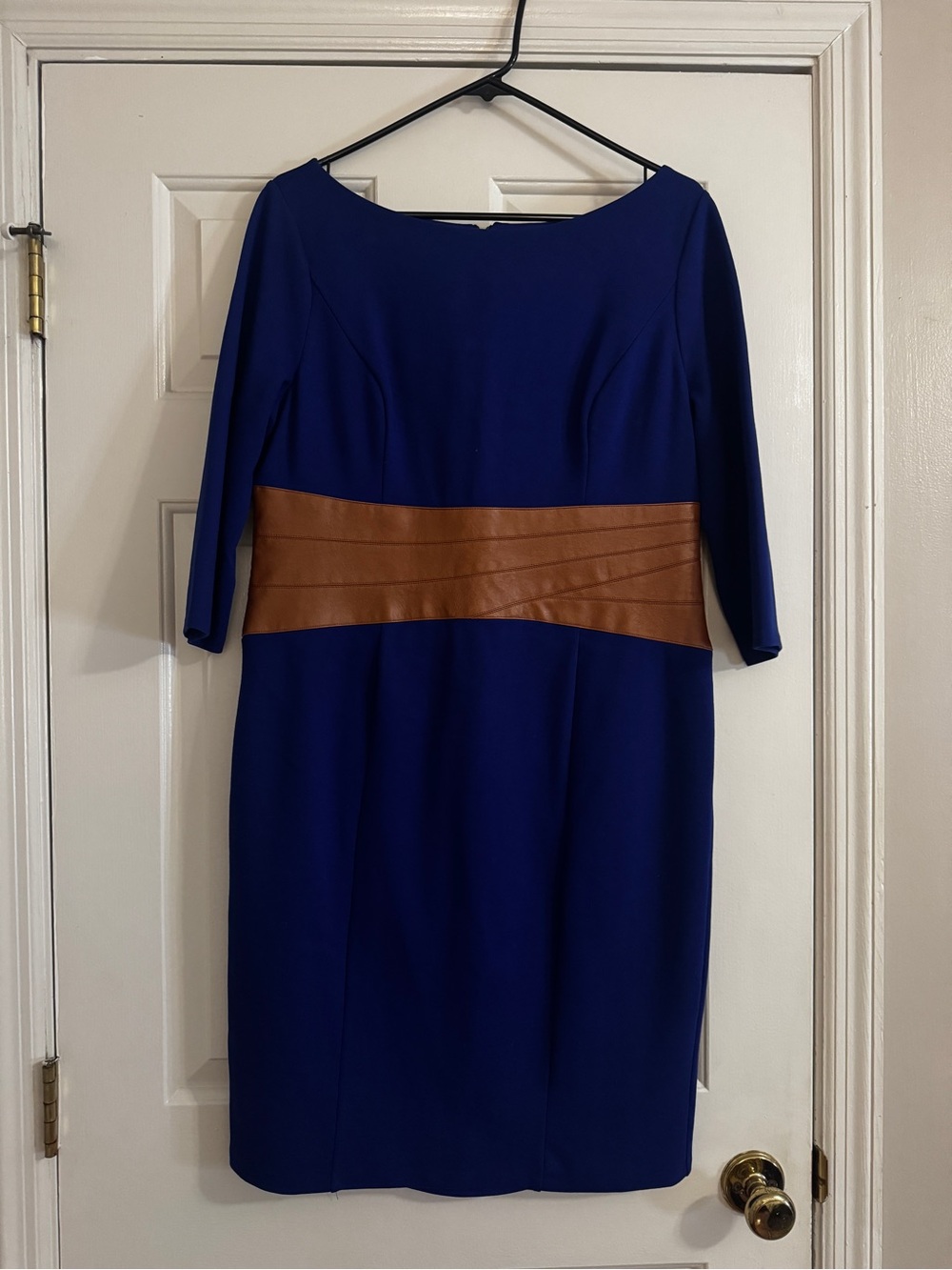 Royal Blue Long-Sleeve Sheath Dress with Brown Waistband